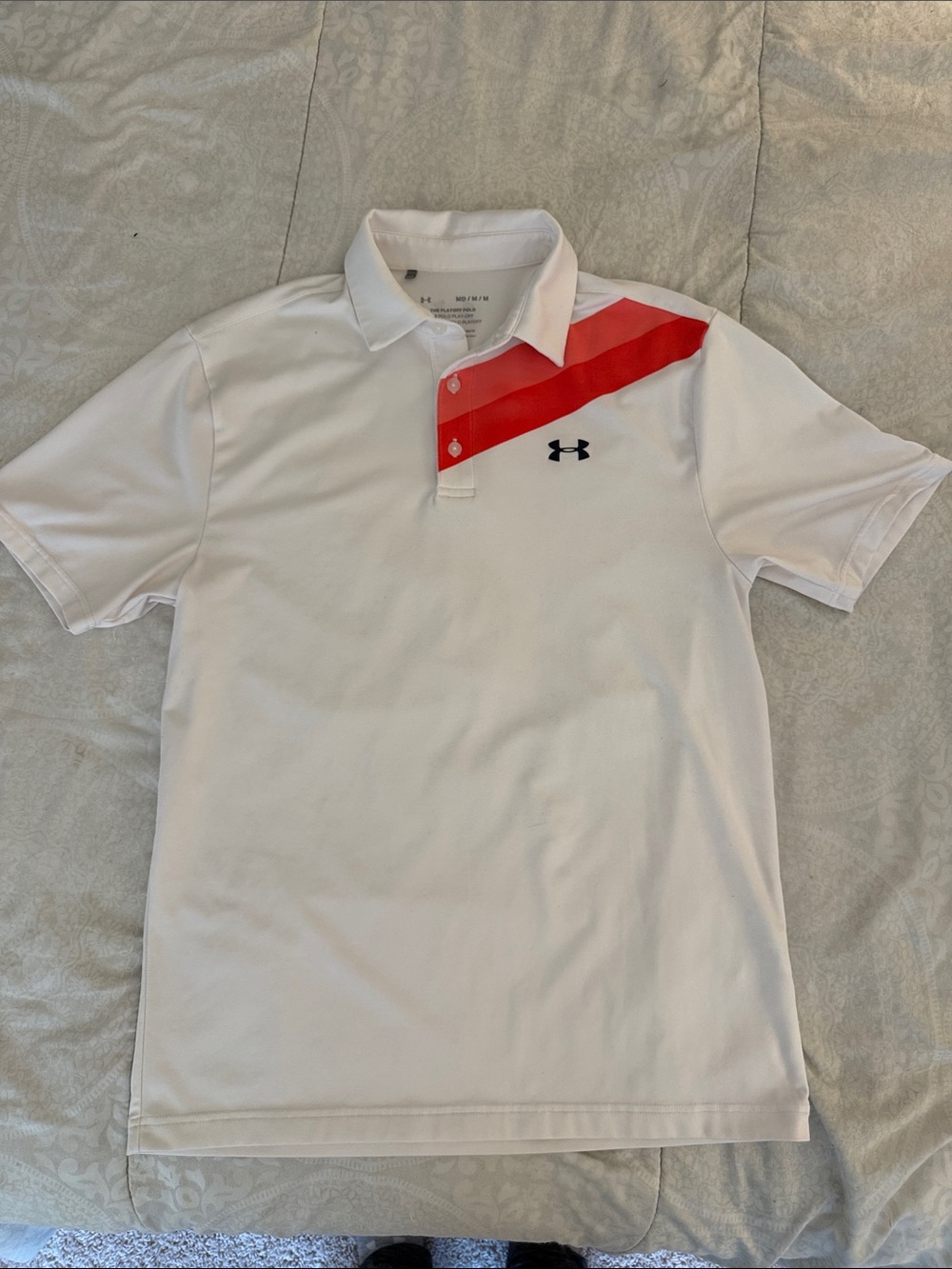 Under Armour White Polo with Red Diagonal Stripe